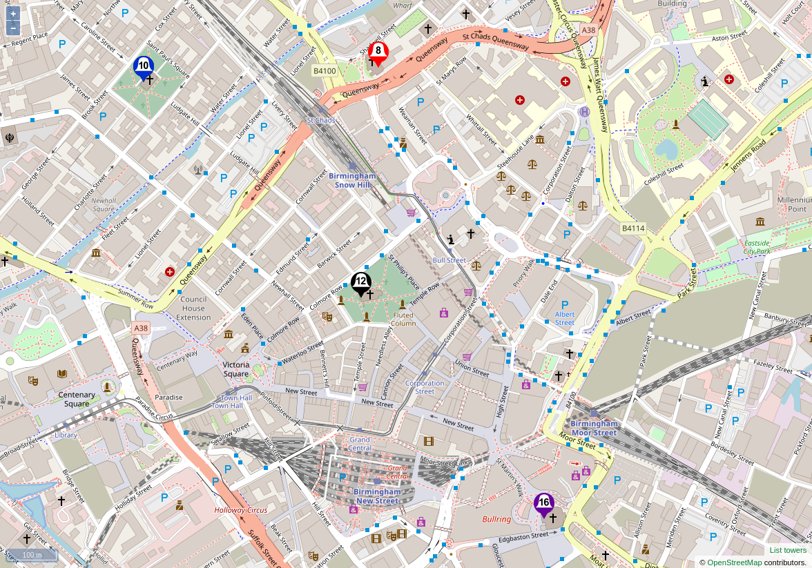 Map of towers in Birmingham